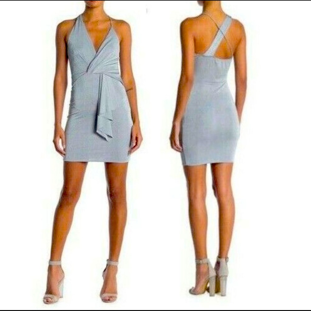 Silver stretch dress with drape and cross cross.